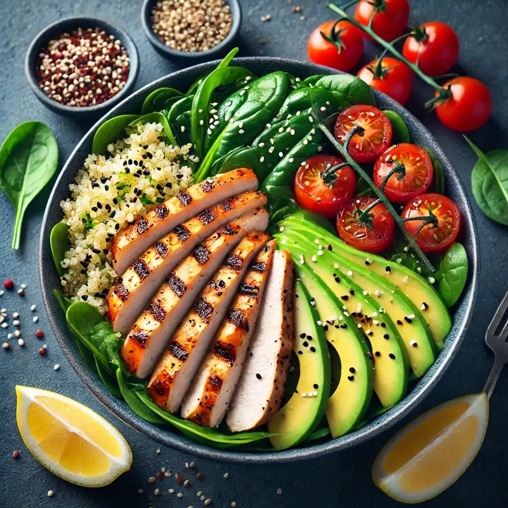 DALL·E 2024-09-15 23.38.44 - A vibrant bowl with grilled chicken slices, quinoa, avocado, spinach, cherry tomatoes, and a light drizzle of dressing, garnished with sesame seeds an