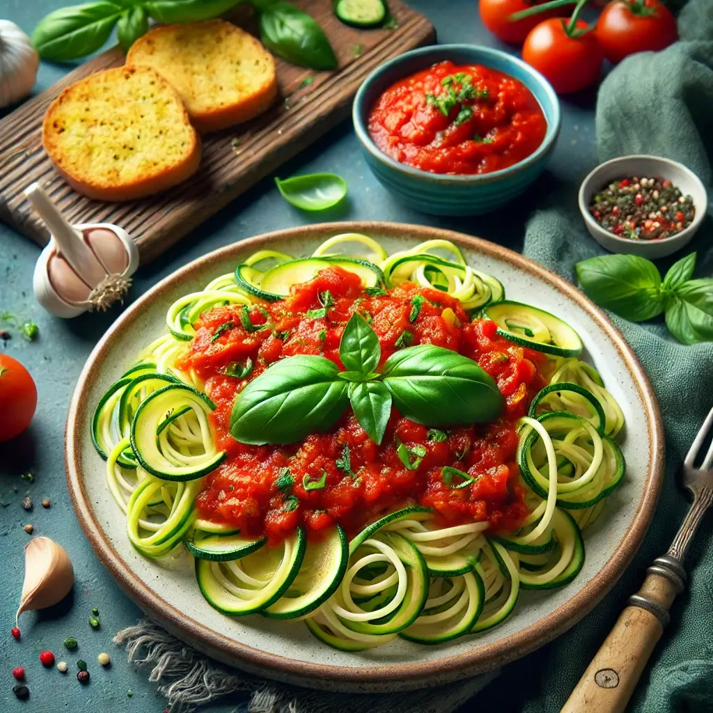 DALL·E 2024-09-15 23.38.49 - A vibrant plate of gluten-free pasta made with zucchini noodles, topped with a rich tomato sauce, garnished with fresh basil, and served with a side o