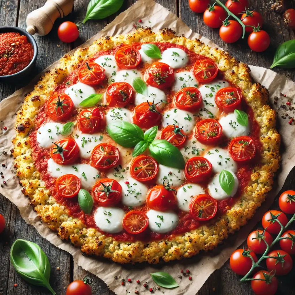 DALL·E 2024-09-15 23.38.53 - A delicious gluten-free pizza with a cauliflower crust, topped with tomato sauce, fresh mozzarella, basil, and cherry tomatoes