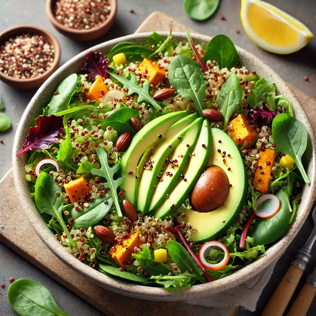 DALL·E 2024-09-15 23.38.56 - A fresh gluten-free quinoa salad with mixed greens, avocado, roasted sweet potatoes, and a light lemon vinaigrette dressing