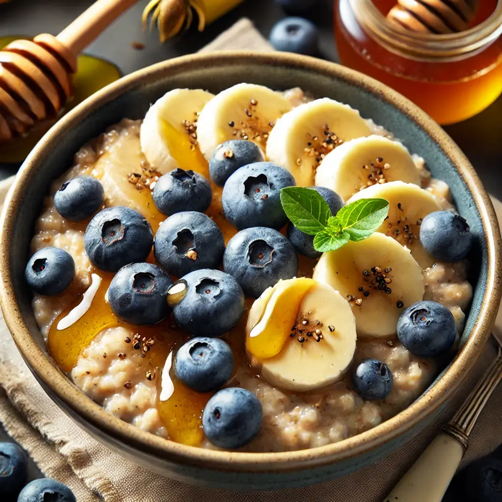 DALL·E 2024-09-15 23.39.06 - A bowl of gluten-free oatmeal topped with sliced bananas, blueberries, and a drizzle of honey