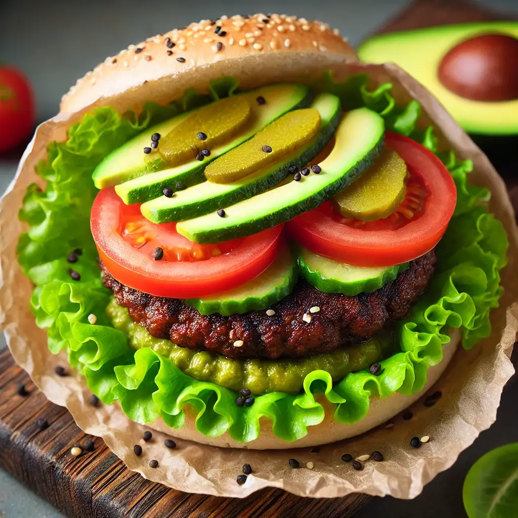 DALL·E 2024-09-15 23.39.09 - A gluten-free veggie burger on a lettuce wrap, topped with avocado, tomato slices, and pickles